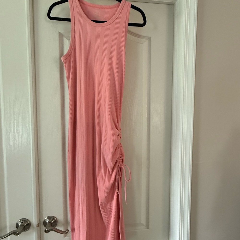 Aerie Pink Asymmetrical Ruched Midi Dress